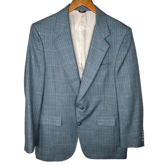 Hart Schaffner Marx Vintage Mens 38R Plaid 100% WOOL Blazer Jacket 2 Button Blue - Picture 1 of 8